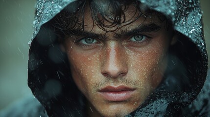 a young man in a drenched jacket in heavy rain