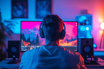 A man is sitting in front of a computer with a pair of headphones on Generative Ai.