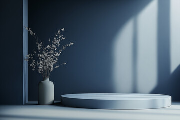 A vase with flowers sits on a pedestal in a room with a blue wall Generative Ai.