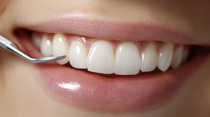 Close-up of a smiling mouth with bright teeth and dental tool for examination.