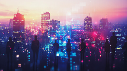 Fototapeta premium abstract professional business team people innovation connection of line from nail node to node on Smart Innovation city with connection cyber security network reciprocity , networking concept