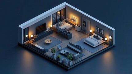 Isometric smart apartment featuring digital home assistant for realtime data and management