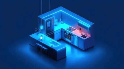 Smart apartment kitchen featuring voiceactivated appliances, isometric tech layout