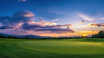 A dynamic golf course panorama at twilight, Golf clubs against a vibrant sky, Dramatic sporting flair