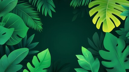 A vibrant green foliage background with various tropical leaves.