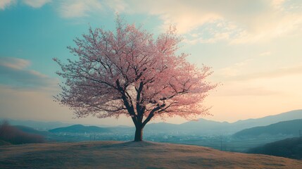 A magnificent and beautiful cherry blossom tree standing alone, with a beautiful view