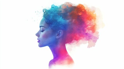 A woman's face and colorful smoke, mental health, depression, and stress concepts 