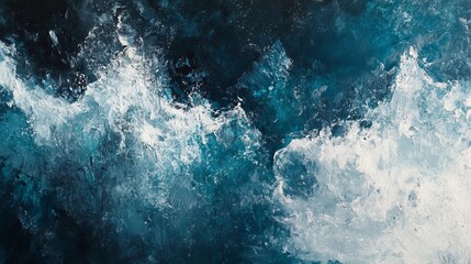 Dynamic Abstract Ocean Wave Painting in Shades of Blue and White