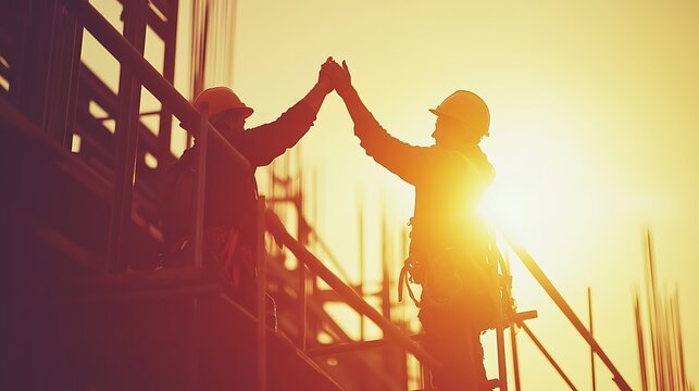 Construction workers celebrate teamwork at sunset on a building site.