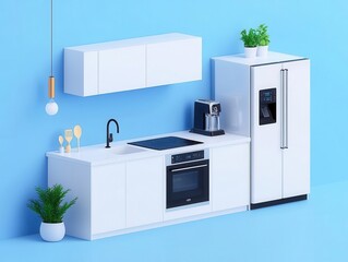 Smart condo kitchen with digital touch controls and smart energysaving appliances, isometric style