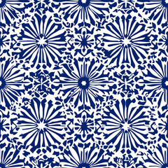 Floral pattern featuring blue designs on a white background, creating a vibrant and intricate textile look.