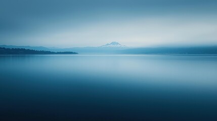 Serene lake view with distant snow-capped mountain under a hazy sky.