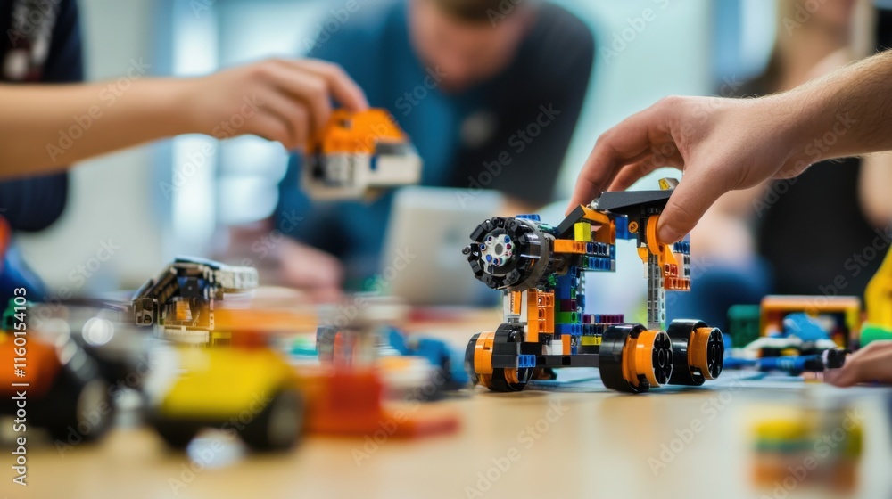 Aufkleber A dynamic makerspace with builders constructing robotic prototypes using blocks, Blocks arranged for innovative tech creations, Tech innovation style