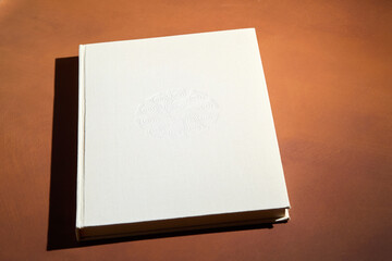 A white vintage book with an embossed design on the cover. A book photographed on a brown background.