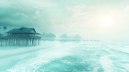 Misty sunrise over oceanfront bungalows.