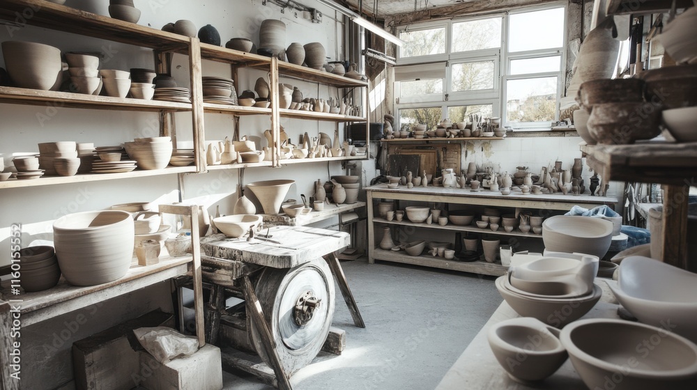 Poster a dynamic pottery studio with spinning wheels and clay sculptures, artisanal workspace filled with c