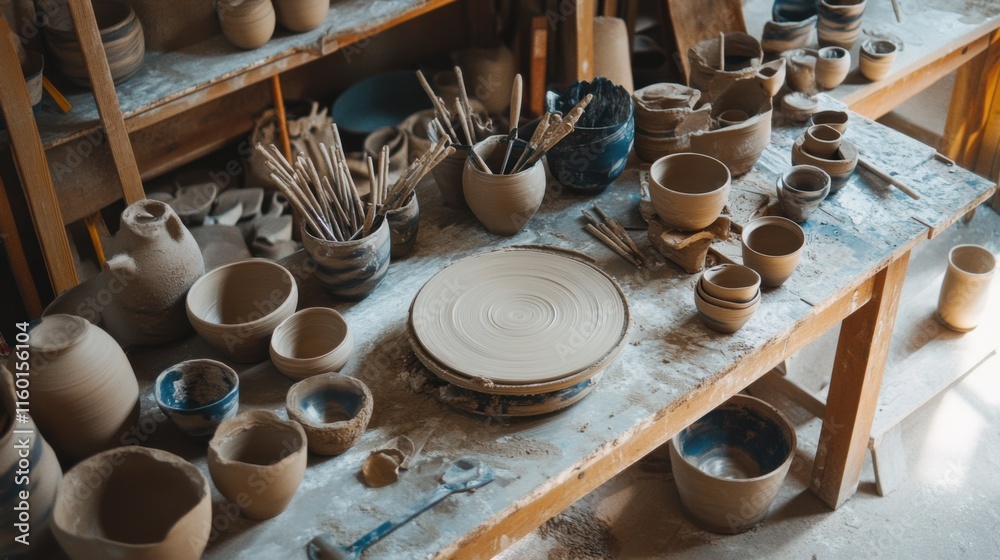 Poster a dynamic pottery workshop with clay wheels and sculpting tools, artisanal workspace filled with cer