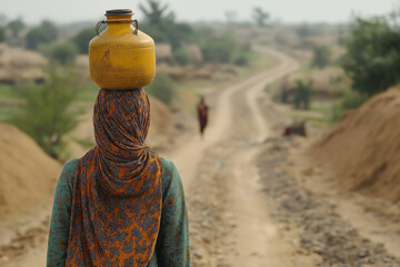 A woman wearing a colorful scarf and carrying a large yellow jug on her head Generative Ai.