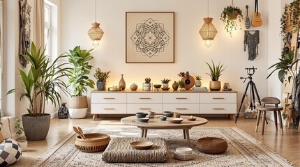 Interior of living room with armchair, glucophone and Tibetan singing bowl