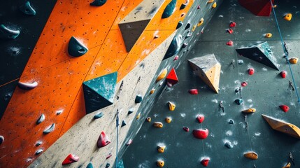 A dynamic rock climbing gym with climbing gear and climbing walls, Indoor rock climbing adventure style, photo of