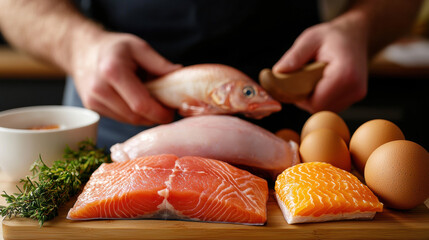 Fresh seafood and eggs arranged on kitchen table, showcasing vibrant colors and textures. Perfect for meal preparation and cooking inspiration