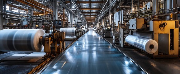 Obraz premium Industrial manufacturing facility with large machines and production lines.