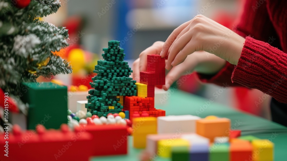 Poster a festive holiday workshop with artisans creating seasonal decorations using blocks, blocks arranged