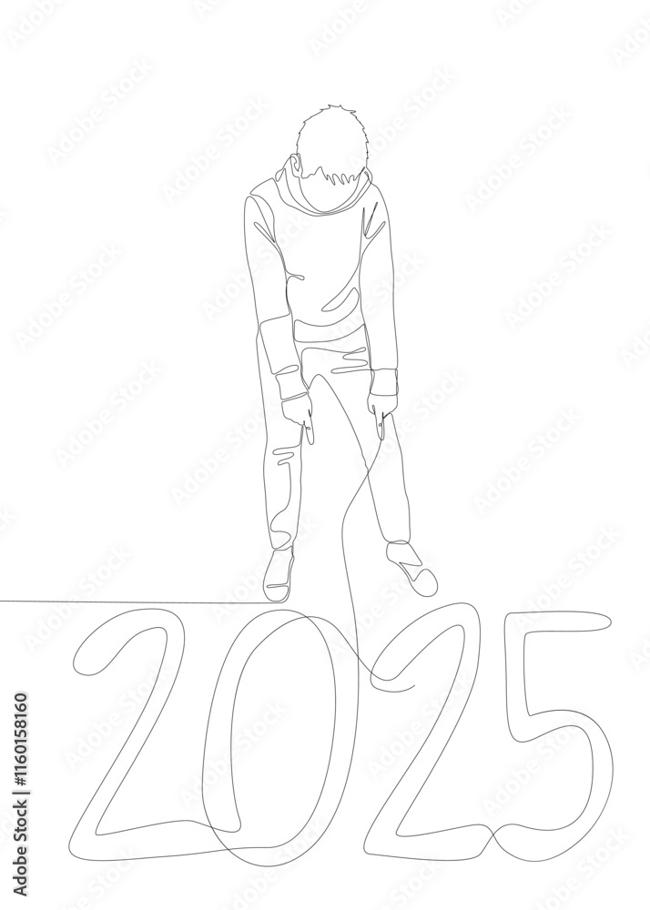 Poster one continuous line of man pointing with finger at number 2025. thin line illustration vector concep