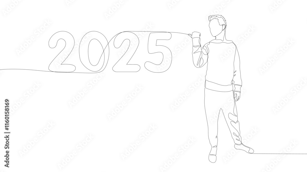 Poster one continuous line of man pointing with finger at number 2025. thin line illustration vector concep