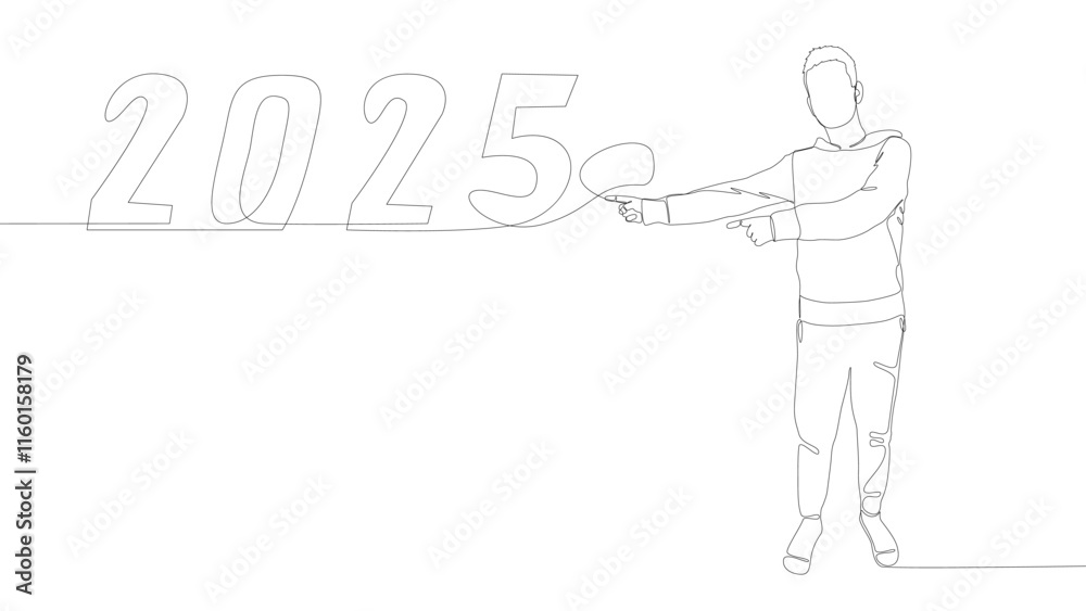 Poster one continuous line of man pointing with finger at number 2025. thin line illustration vector concep