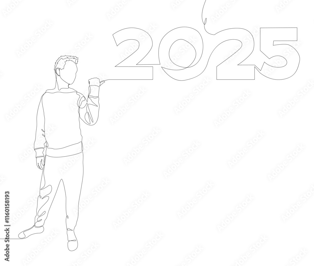 Poster one continuous line of man pointing with finger at number 2025. thin line illustration vector concep