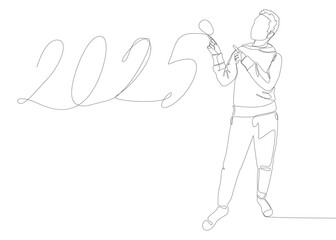 One continuous line of Man pointing with finger at number 2025. Thin Line Illustration vector concept. Contour Drawing Creative ideas.