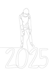 One continuous line of Man pointing with finger at number 2025. Thin Line Illustration vector concept. Contour Drawing Creative ideas.
