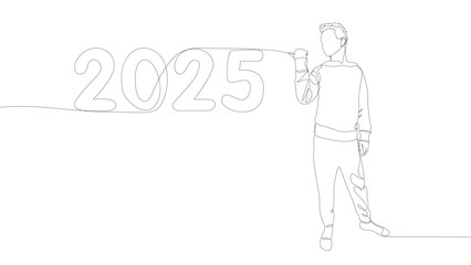 One continuous line of Man pointing with finger at number 2025. Thin Line Illustration vector concept. Contour Drawing Creative ideas.