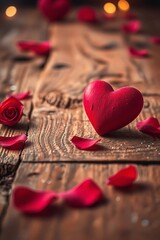 Happy Valentine's Day, two vibrant red hearts resting on a rustic wooden surface, the wood showcasing detailed natural grain and texture