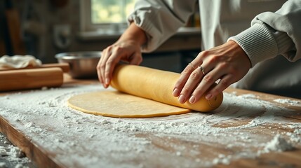 Hands Rolling Out Dough on a Flour-Dusted Wooden Surface in a Bright Kitchen