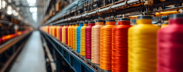 Colorful spools of thread arranged in a textile manufacturing facility.