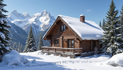 Cozy wooden cabin in a snowy mountain landscape with a tranquil winter atmosphere