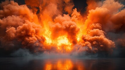 photo realism, exploding smoke bomb, orange colors with a white center area as the smoke and flames expand out to the corners of the image. wide angle view, a dark reflective floor.