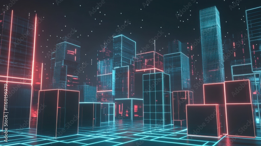 Aufkleber A futuristic block-building scene with holographic building blocks in a digital cityscape, Digital cityscape style, photo of