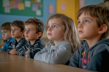 A group of cute kids attentively listening in a colorful school classroom, focused and engaged, showcasing the essence of learning and curiosity.