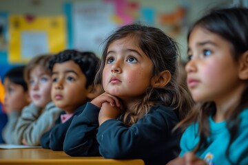 Obraz premium A group of cute kids attentively listening in a colorful school classroom, focused and engaged, showcasing the essence of learning and curiosity.