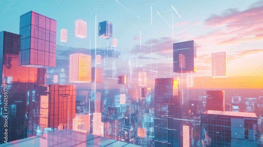 Poster A futuristic block-building scene with holographic building blocks in a digital playground, Digital playground style, photo of