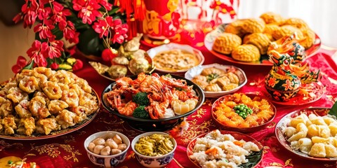 Fototapeta premium A family celebrating Chinese New Year with traditional food, decorations, and cultural rituals. 