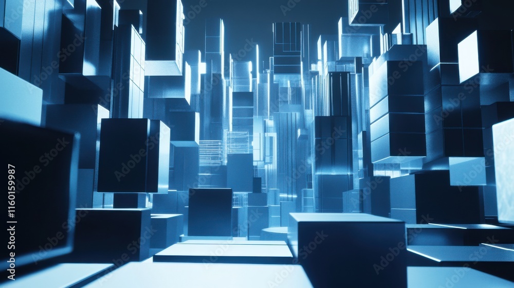 Poster A futuristic block-building scene with interactive electronic blocks, Blocks arranged in a futuristic cityscape, Hi-tech minimalist style