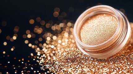 Bare eyelids enhanced with a champagne shadow and a touch of glitter for a refined, elegant glow