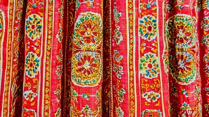 Vibrant fabric with intricate floral patterns in red and yellow hues.