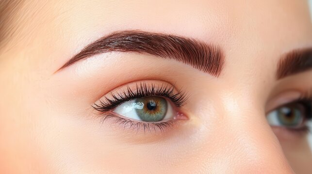 Bare brows shaped and defined with a tinted brow gel, framing the face with elegant precision