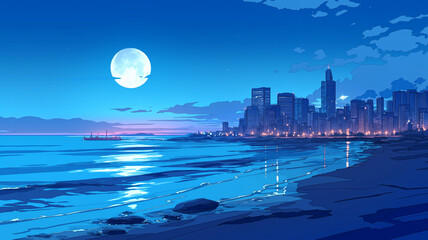 日本の夜の都会のアニメ風イラスト。レトロポップ,懐かしい,エモーショナル,チル,背景,挿絵