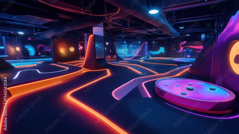 Poster a futuristic mini-golf course with holographic obstacles, high-tech course layout with virtual reali